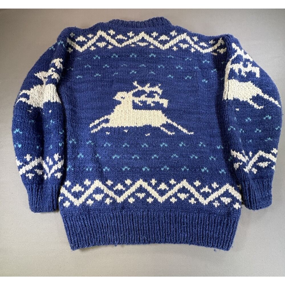 VTG Ecuador Hand Knit 100% Wool Reindeer Sweater Heavy Mock Neck Flawed - Picture 2 of 6